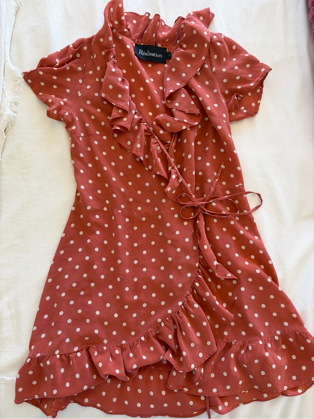 Realisation Par Rust Polka Dot Ruffle Wrap Mini Dress
